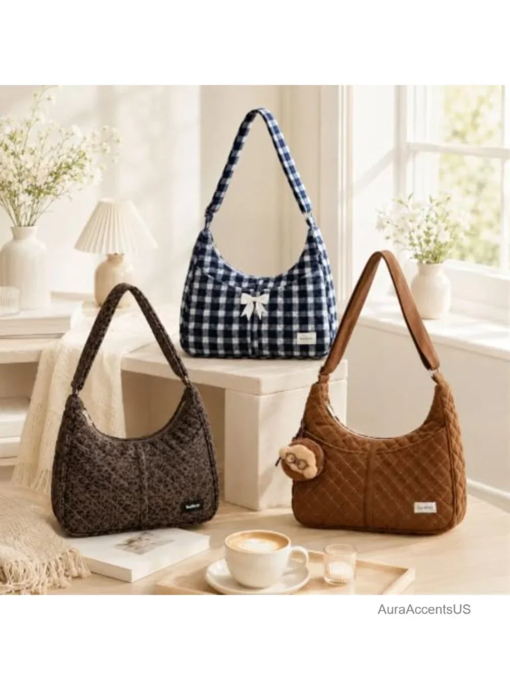Quilted Hobo Shoulder Bag Crossbody Purse with Adjustable Strap and Multiple